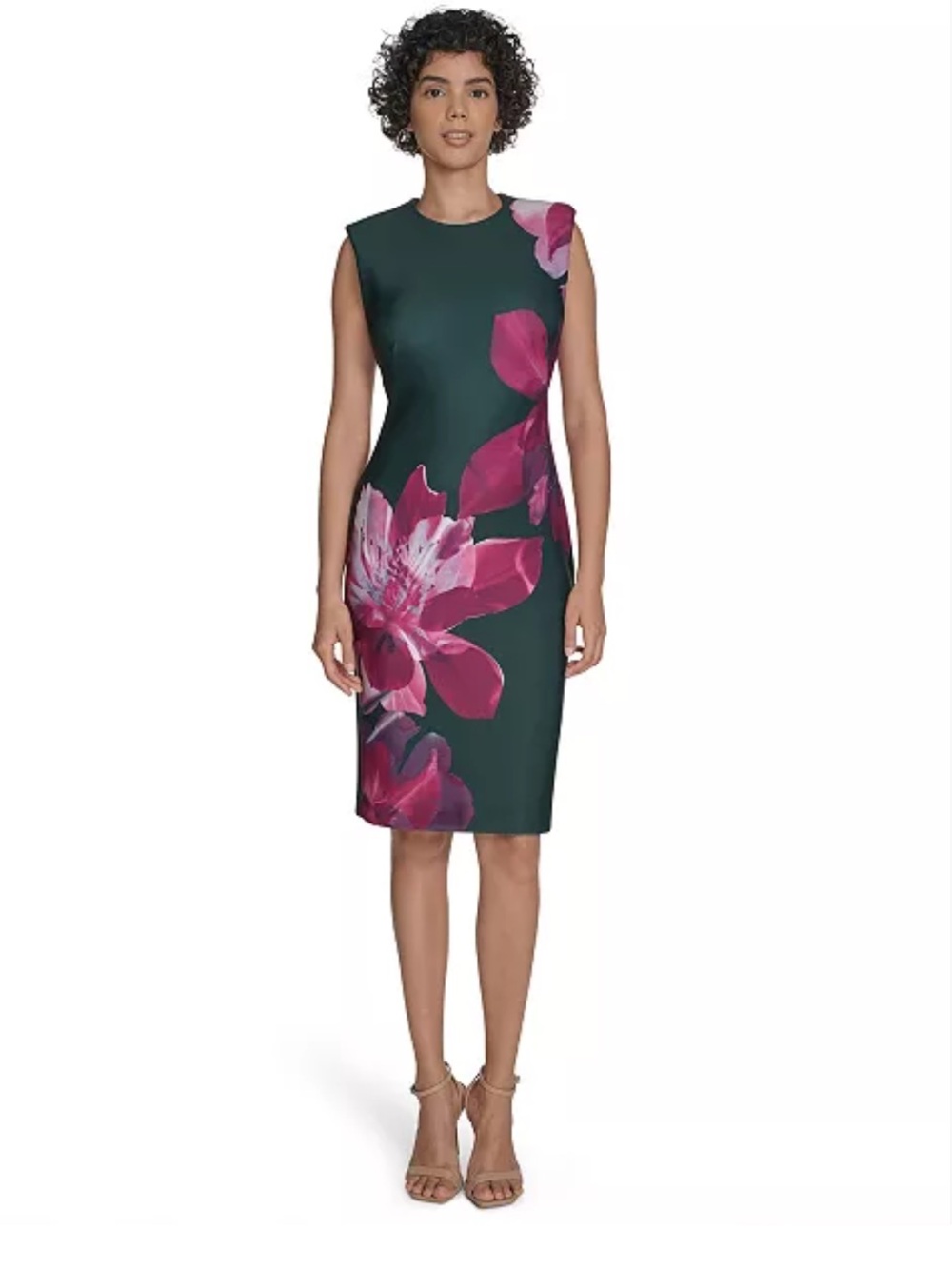 Calvin Klein Green Sheath Dress with Pink Floral Print